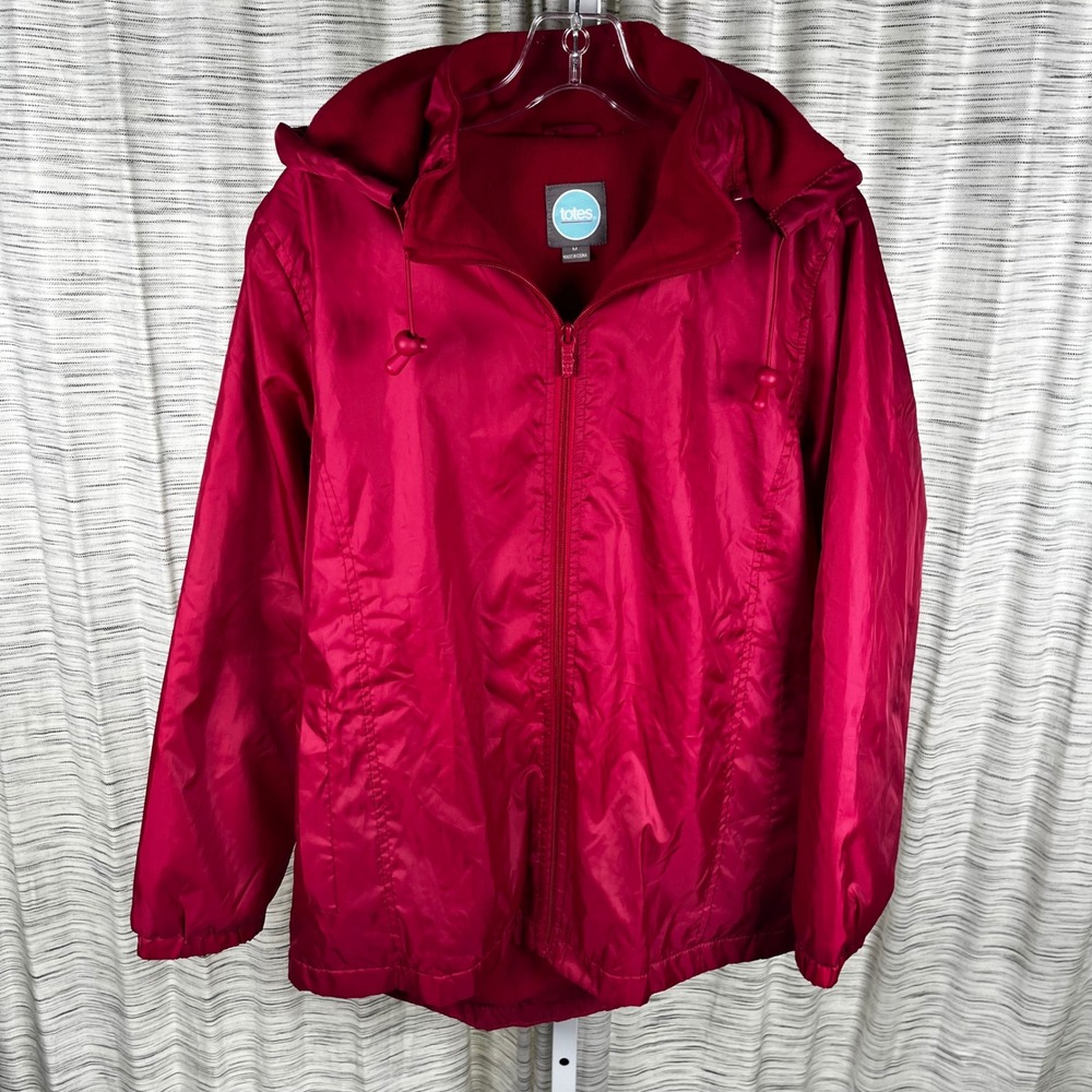 Totes‎ Womens Red Hooded Rain Jacket Fleece Lined Full Zip Windbreaker Medium